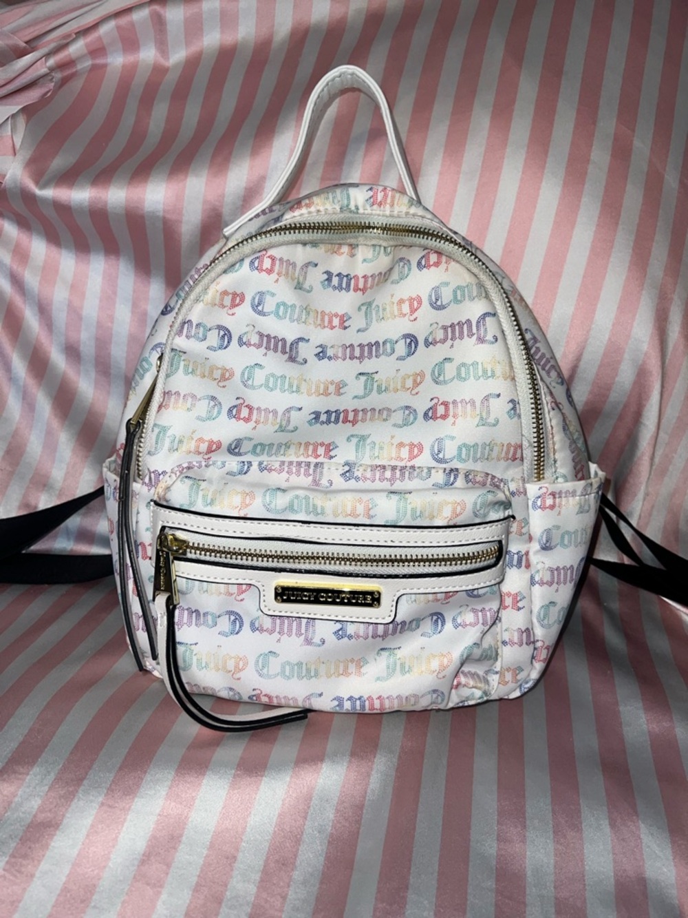 Juicy Couture White Multicolor Logo Mini Backpack with Gold Hardware